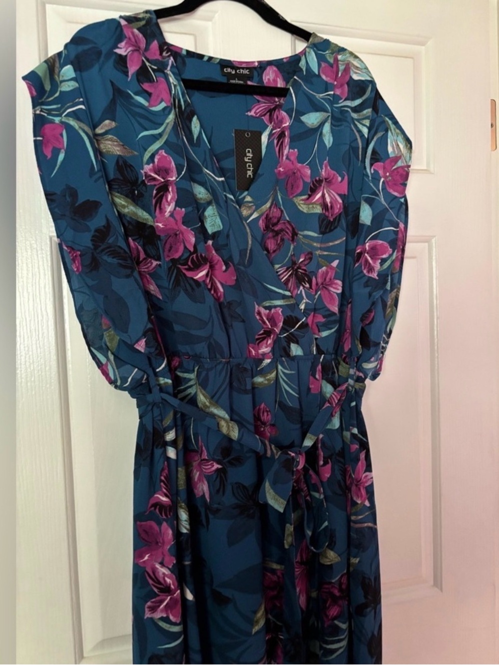 City Chic Teal Floral High-Low Wrap Dress with Pink Blooms